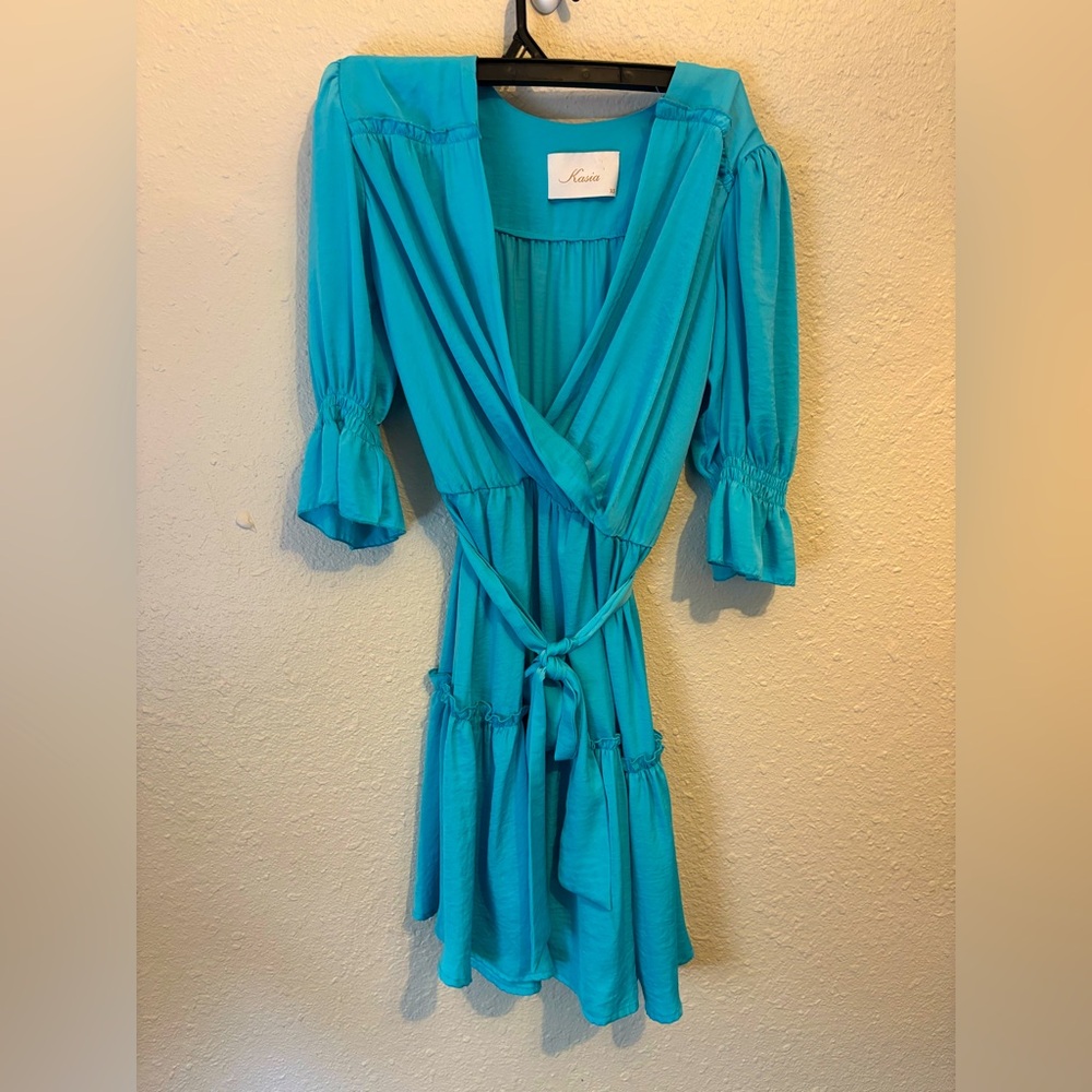 Anthropologie Kasia Turquoise Wrap Mini Dress with Tie Waist
